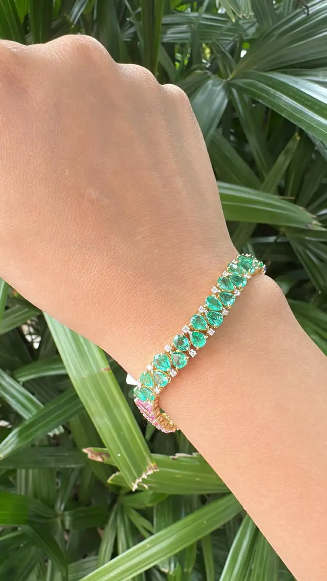 Natural Emerald, Tanzanite & Pink Sapphire Bracelet - 18k Yellow Gold Diamond Tennis Bracelet Main Image