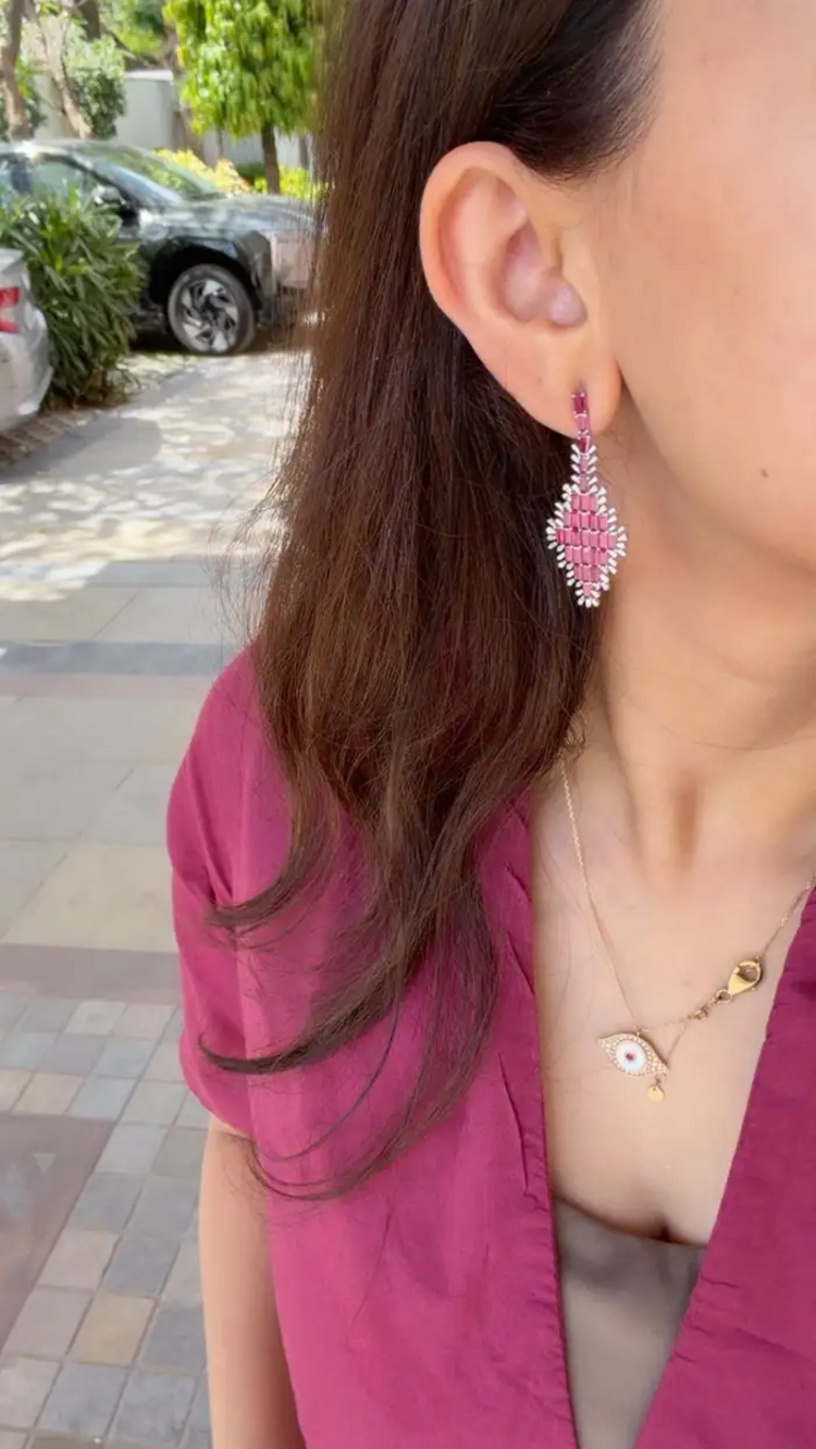Natural Mozambique Ruby Handmade Earrings - 18k White Gold Diamond Dangle Earrings