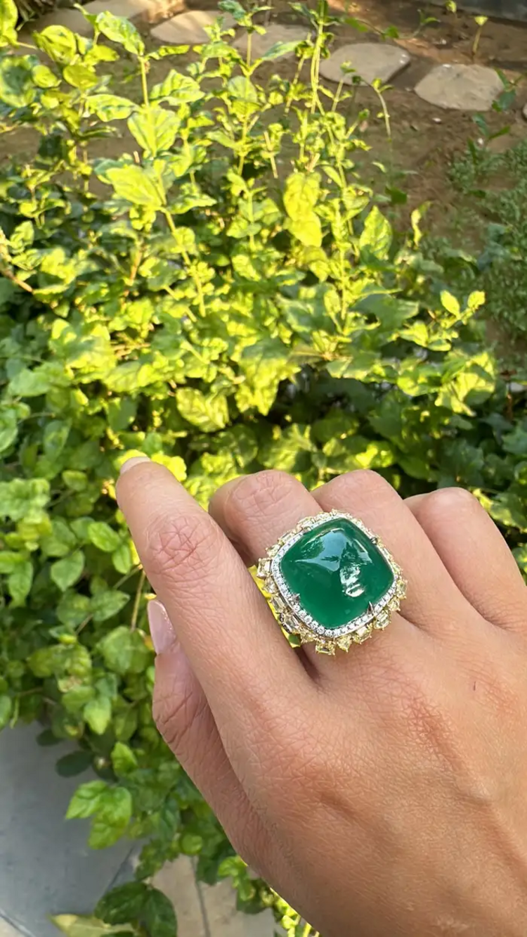 18k White Gold Statement Ring With Yellow Diamond - Natural Zambian Emerald Cocktail Ring