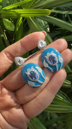18k White Gold Rose Cut Diamond Handmade Dangle Earrings - Natural Blue Sapphire & Blue Enamel Earrings