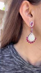 18k White Gold Diamond Earrings - Natural Ethiopian Opal & Mozambique Ruby Dangle Earrings