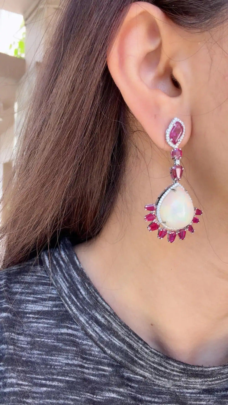 18k White Gold Diamond Earrings - Natural Ethiopian Opal & Mozambique Ruby Dangle Earrings