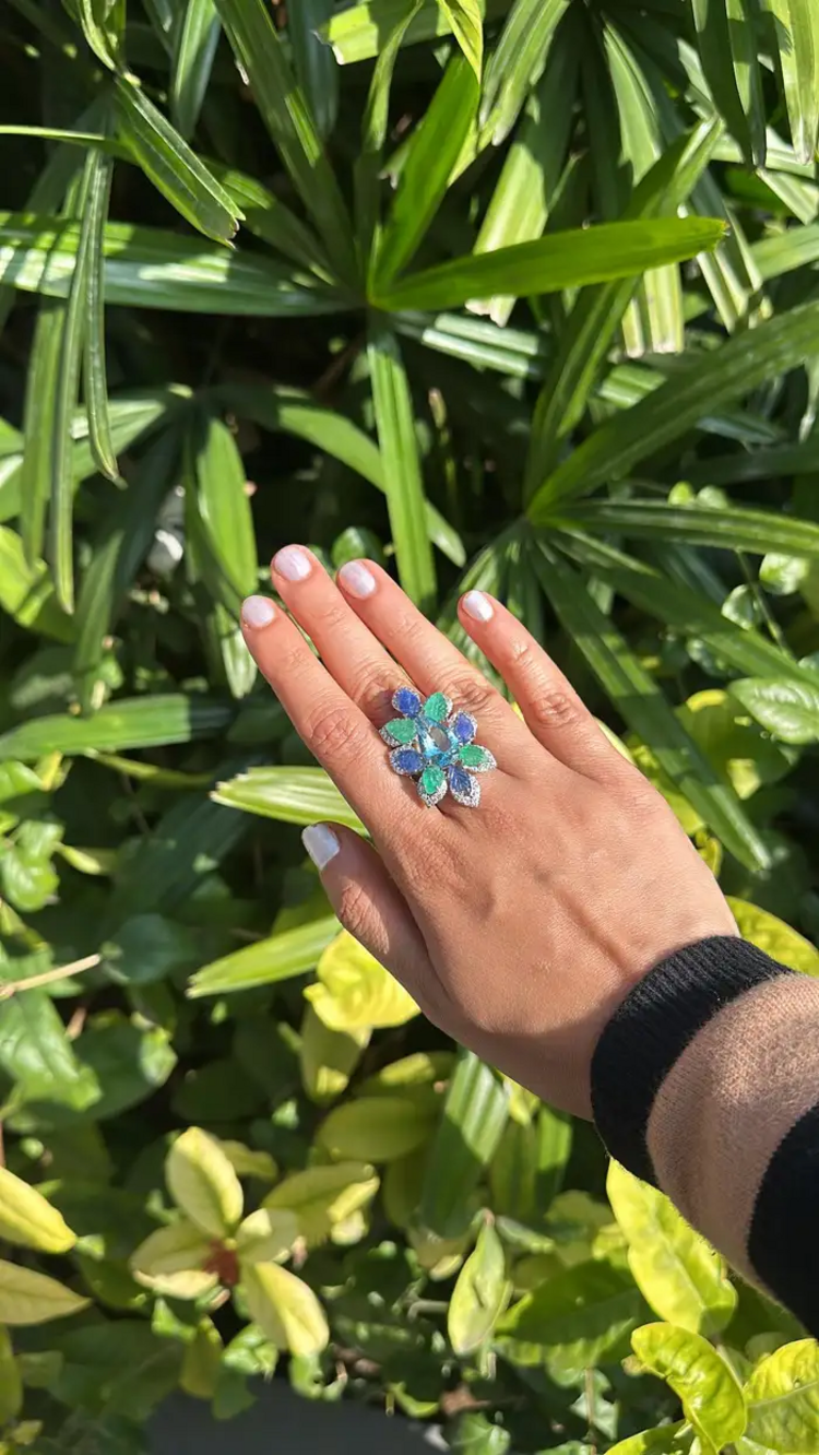Aquamarine, Blue Sapphires, Emeralds & Diamonds Cocktail Ring - 18k White Gold Diamond Statement Ring