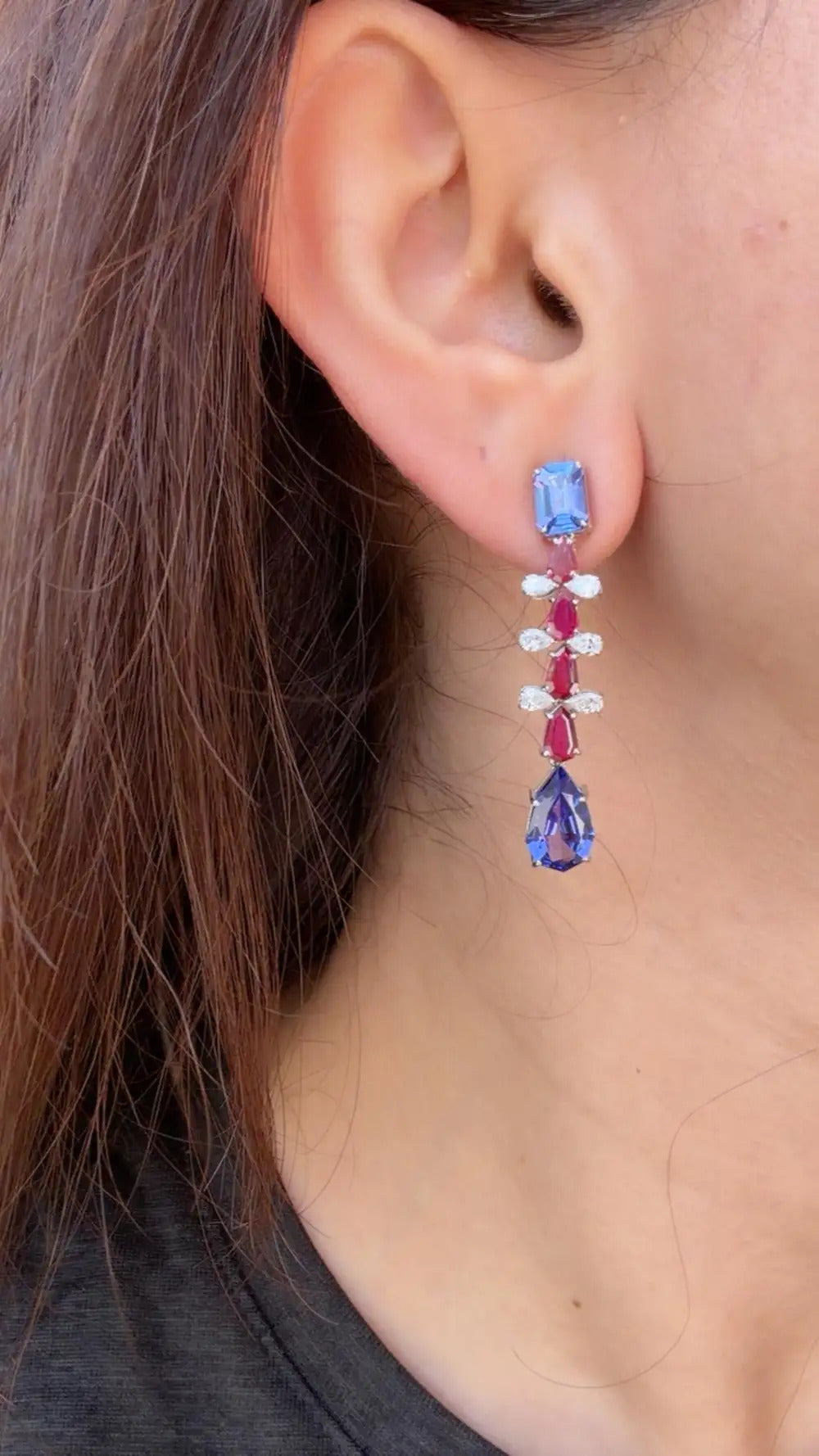 Mozambique Ruby & Tanzanite Dangle Earrings - 18k White Gold Diamond Handmade Earrings