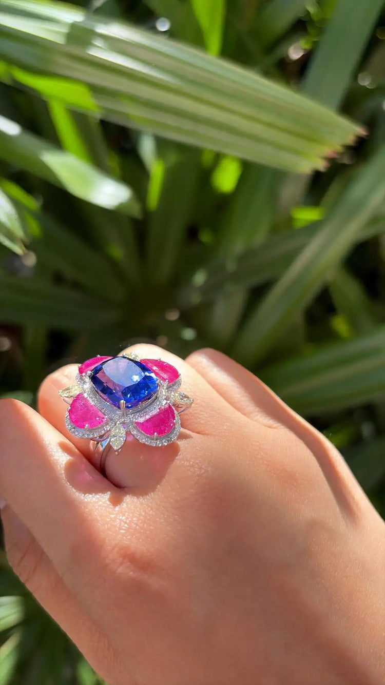 18k White Gold Diamond Cocktail Ring - Natural Tanzanite & Mozambique Ruby Handmade Ring