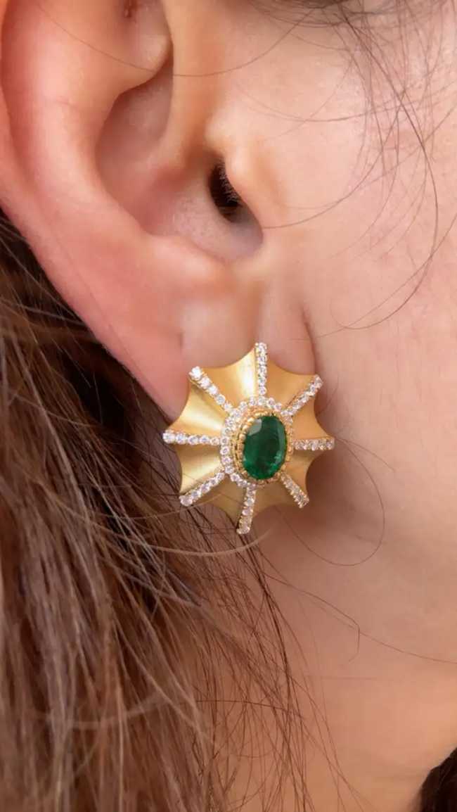 18k Yellow Matte Gold Stud Earrings - Natural Zambian Emerald & Diamond Earrings Main Image