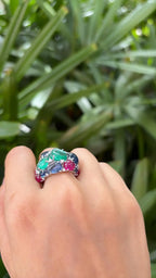 18k White Gold Diamond Cluster Ring - Natural Emerald, Ruby & Blue Sapphire Gemstone Ring