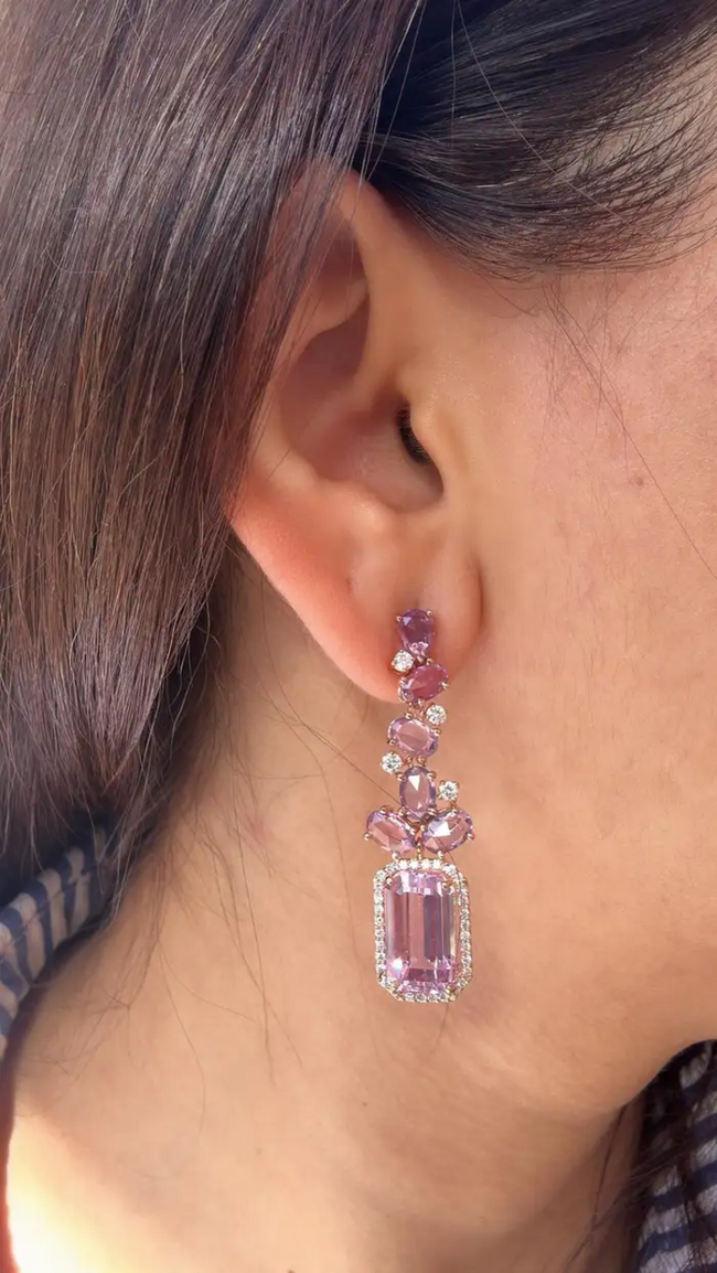 18k Rose Gold Kunzaite Gemstone Dangle Earrings - Natural Diamond & Pink Sapphire Wedding Earrings Main Image