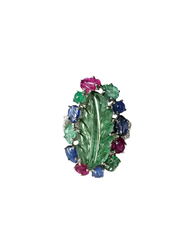 18k White Gold Handmade Cocktail Ring - Natural Emerald, Blue Sapphires, Ruby & Diamonds Cocktail Ring Hover Image