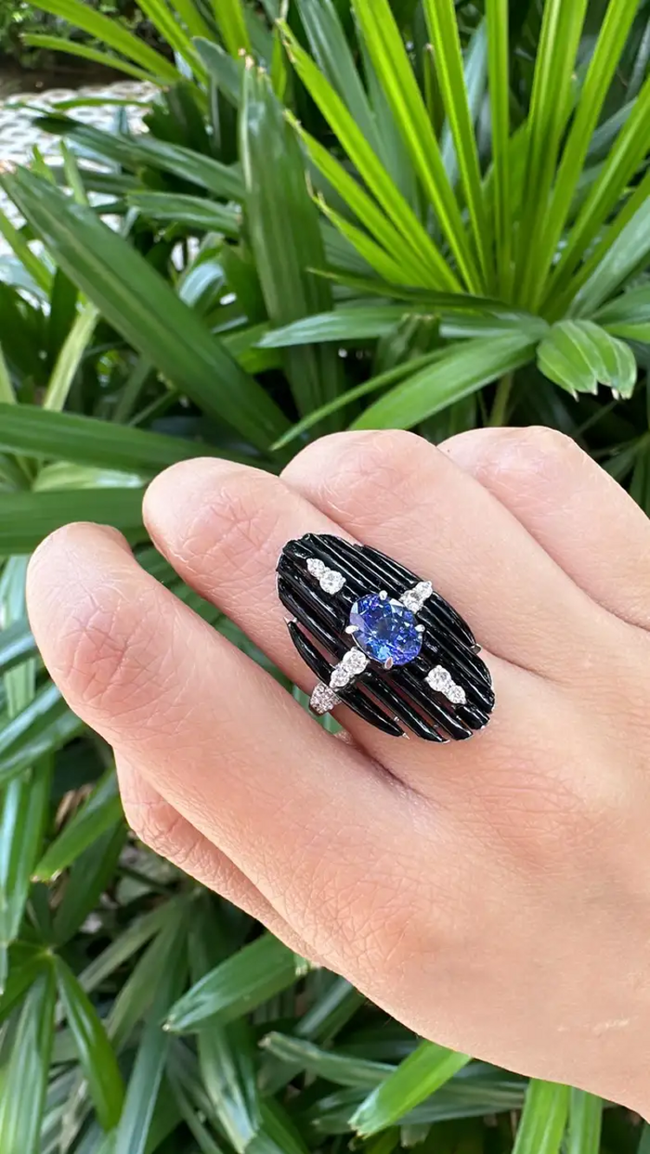 Black Onyx & Tanzanite Gemstone Ring - 18k White Gold Diamond Cocktail Ring Main Image