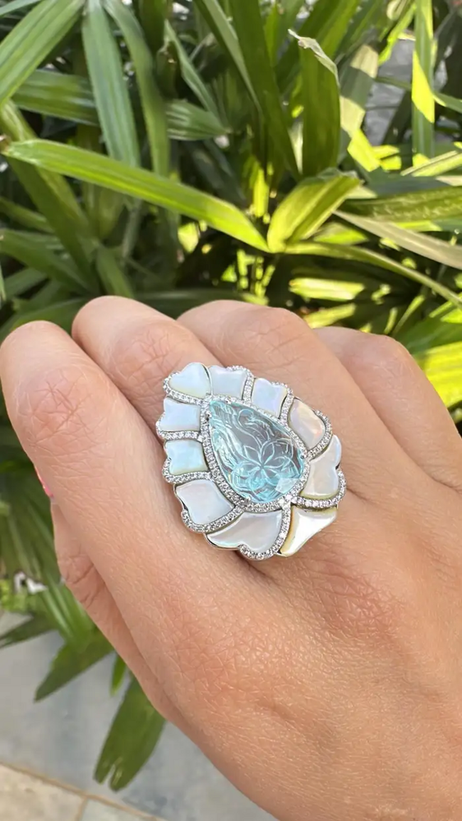 18k White Gold Diamond Statement Ring - Carved Aquamarine & Pearl Cocktail Ring Main Image