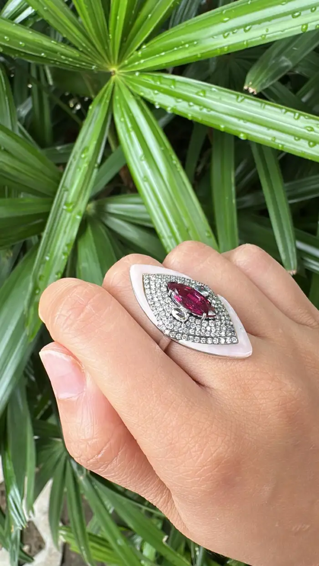 18k White Gold Diamond Handmade Ring - Natural Rubellite & Pink Opal Statement Ring Main Image