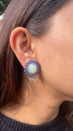Natural Tanzanite & Ethiopian Opal Stud Earrings - 18k White Gold Rose Cut Diamond Earrings