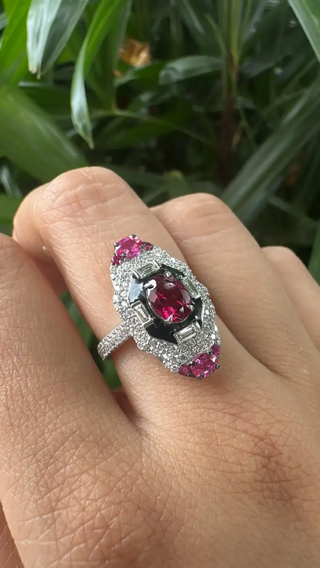18k White Gold Diamond Ring - Natural Tourmaline & Black Enamel Ring Main Image