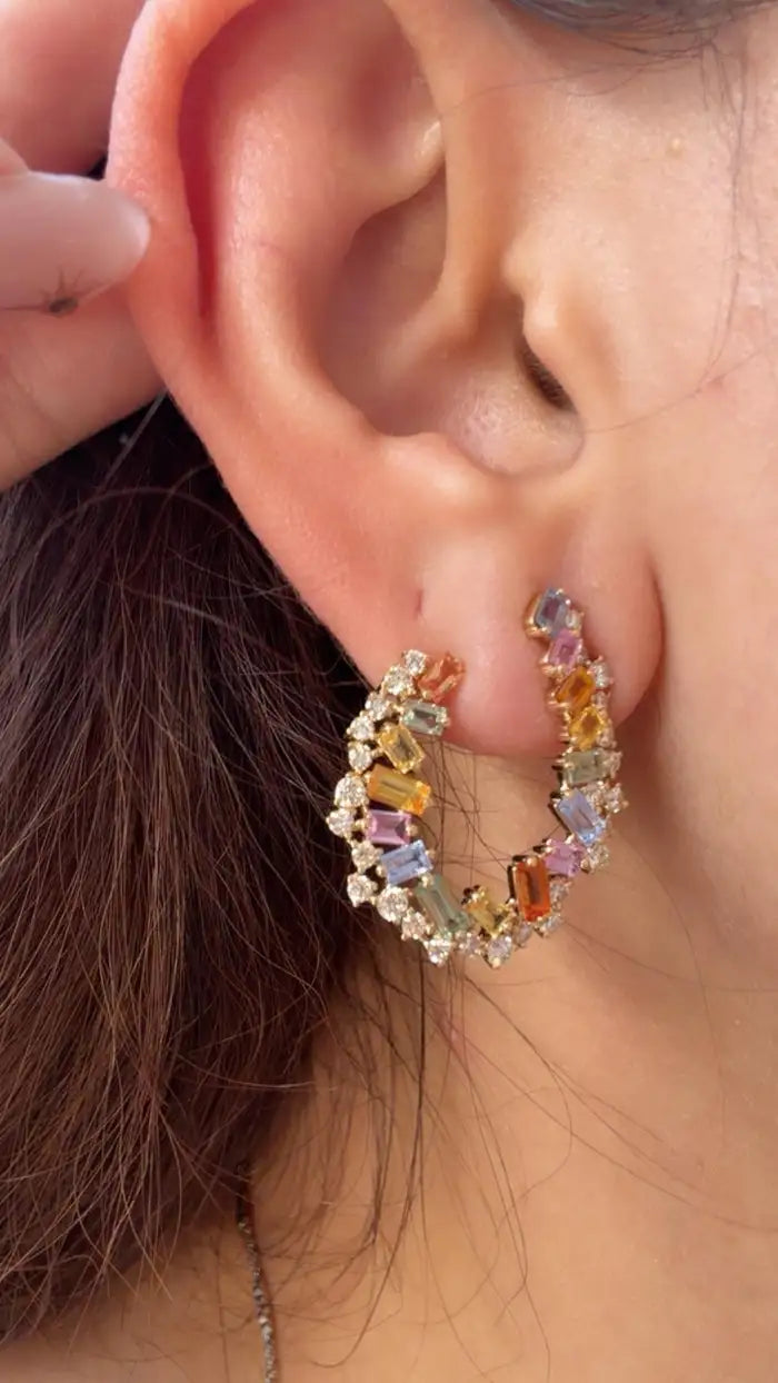 Natural Multi Sapphire & Diamond Hoop Earrings - 18k Yellow Gold Handmade Earrings