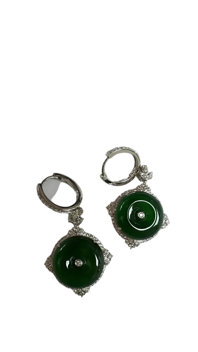 18k White Gold HKJSL Certified, Fei Cui Jade & Diamonds Dangle Earrings Hover Image