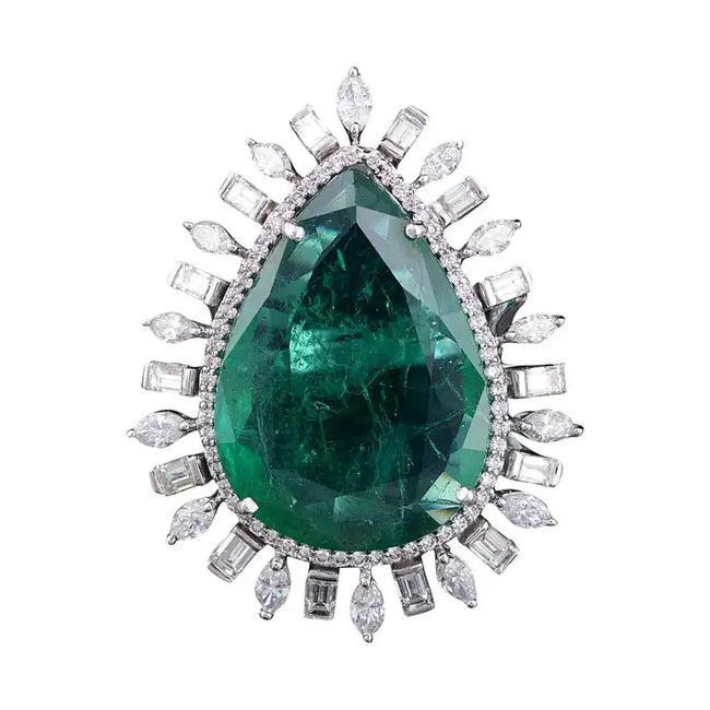 18k White Gold Diamond Ring - Natural Zambian Emerald Cocktail Ring Hover Image