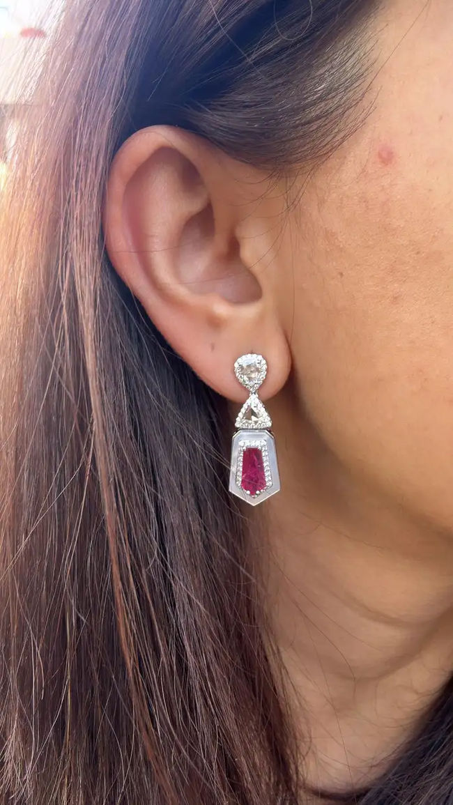Natural Mozambique Ruby & Pearl Dangle Earrings - 18k White Gold Rose Gold Handmade Earrings Main Image