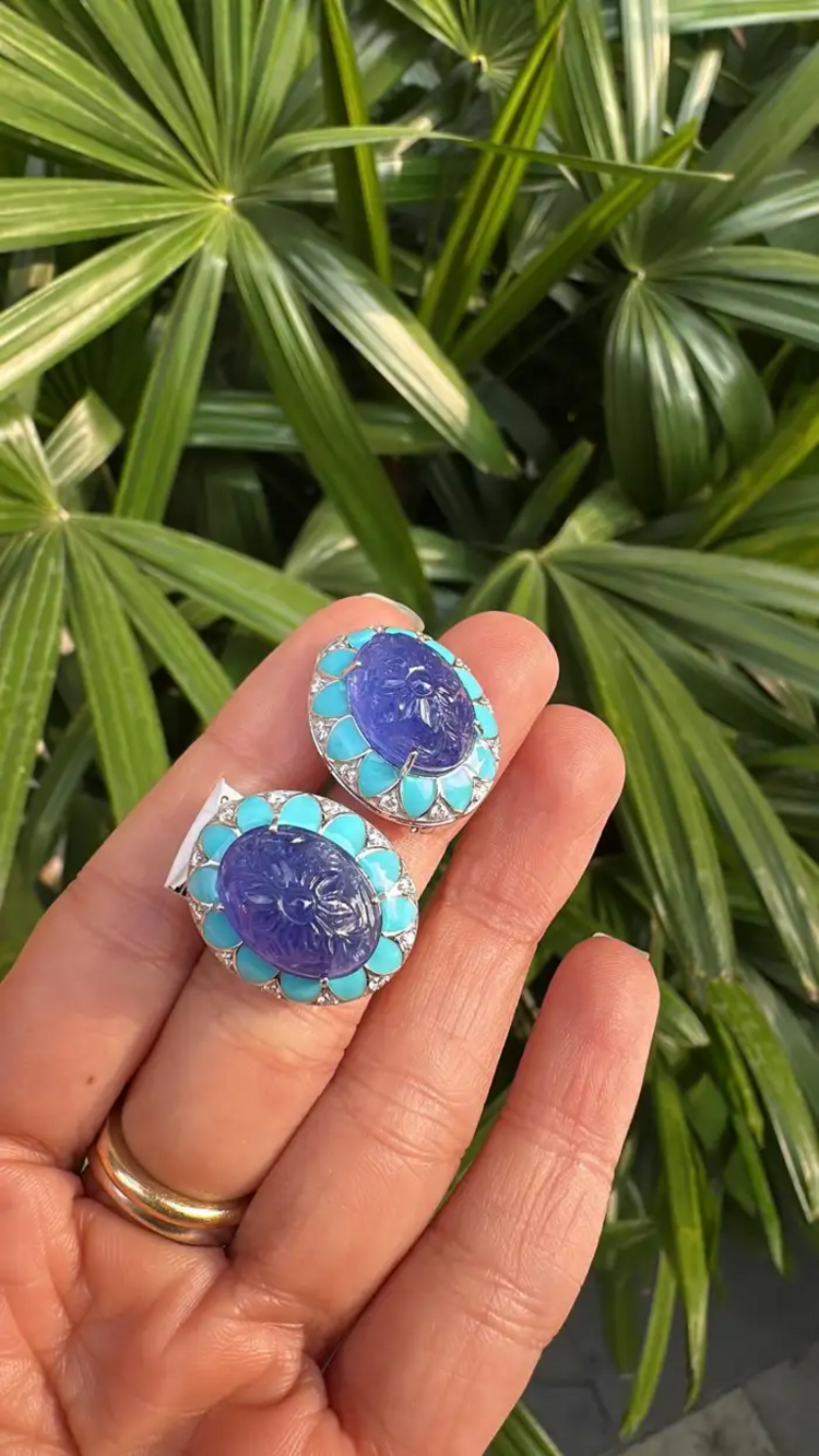 Hand Carved Tanzanite & Turquoise Enamel Stud Earrings - 18k White Gold Diamond Earrings