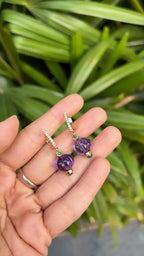 Natural Amethyst & Emerald Dangle Earrings - 18k Yellow Gold Diamond Earrings