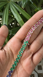 Natural Emerald, Tanzanite & Pink Sapphire Bracelet - 18k Yellow Gold Diamond Tennis Bracelet