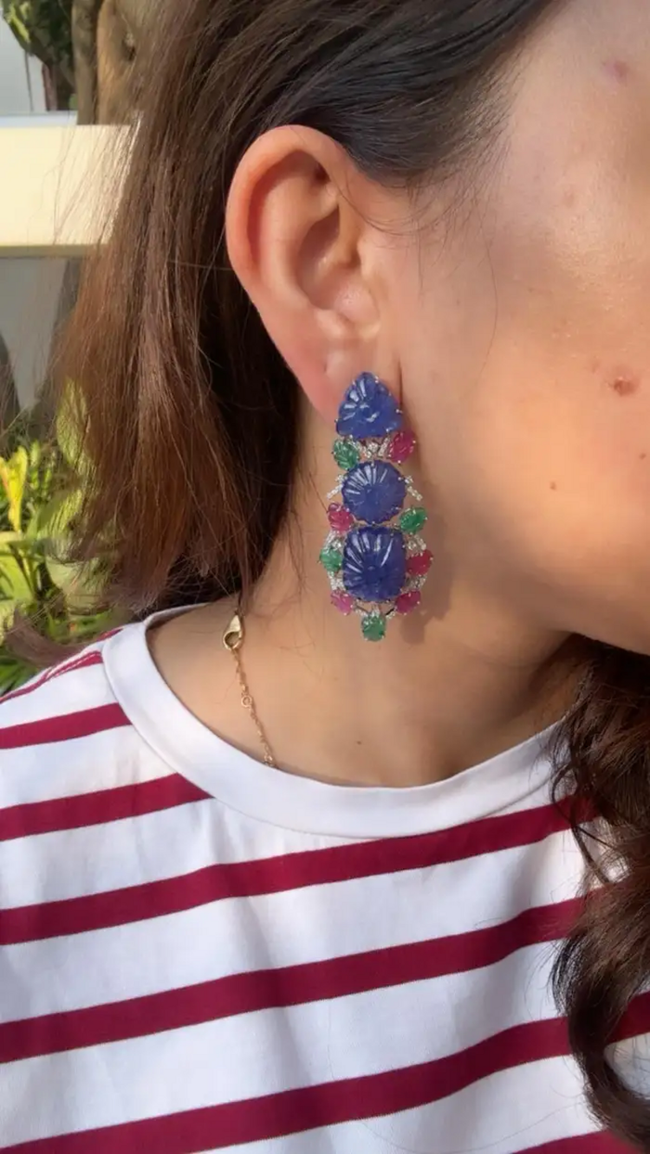 18k White Gold Diamond Dangle Earrings - Carved Tanzanite, Ruby & Emerald Earrings Main Image