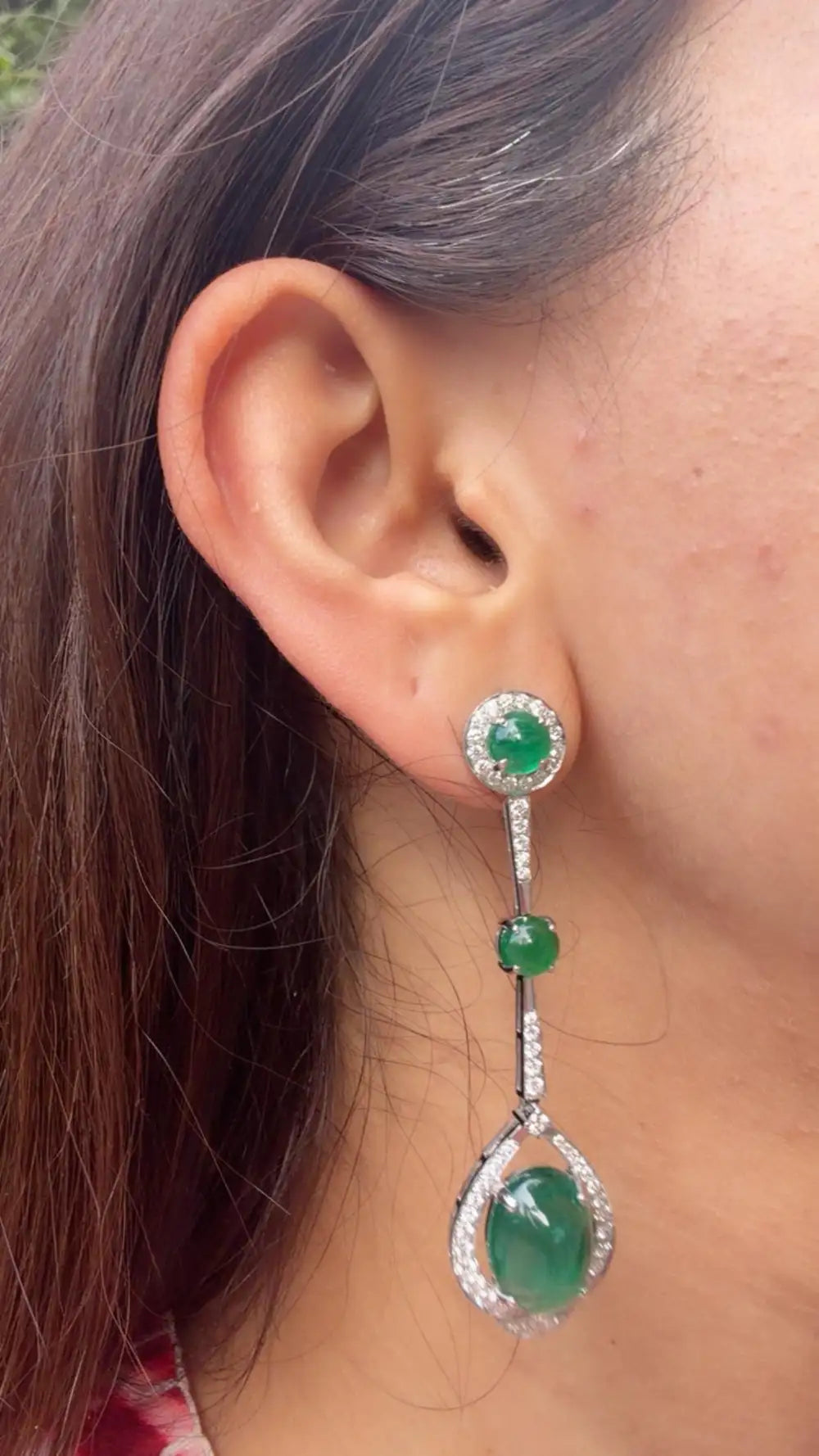 18k White Gold Diamond Dangle Earrings - Natural Emerald Gemstone Chandelier Earrings
