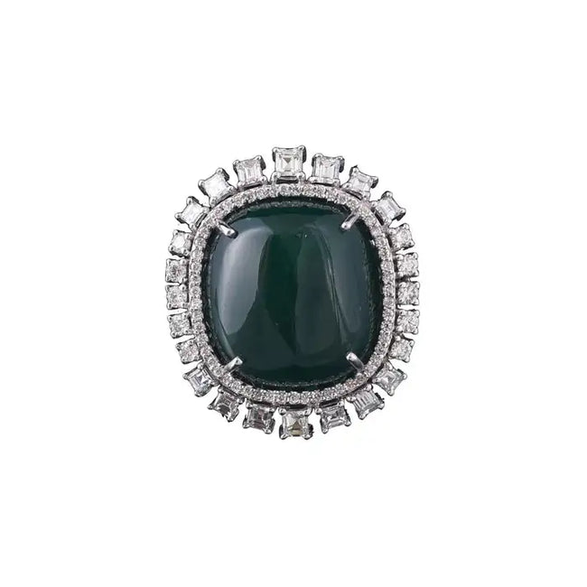 Natural 38.25 Ct. Emerald Cocktail Ring - 18k White Gold Princess Diamond Statement Ring Hover Image