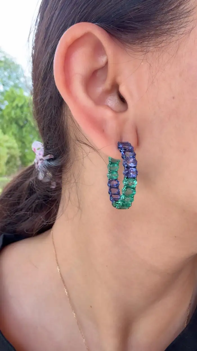 Natural Emerald & Tanzanite Gemstone Hoop Earrings - 18k Gold Hoop Earrings