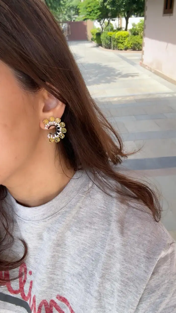 Natural Yellow Sapphire & Black Enamel Earrings - 18k White Gold Diamond Stud Earrings