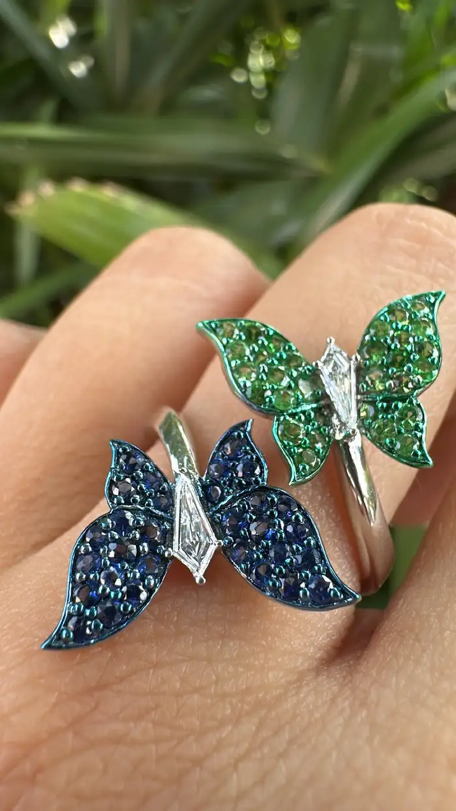 Natural Blue Sapphire & Tsavorites Ring - 18k White Gold Diamond Wrap Ring Main Image