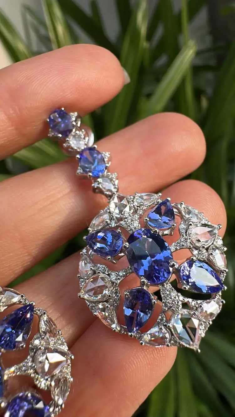 18k White Gold Rose Cut Diamond Dangle Earrings - Natural Tanzanite Gemstone Earrings