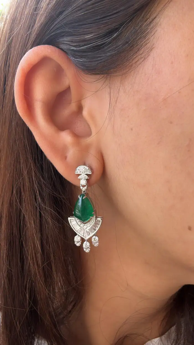 18k White Gold Handmade Dangle Earrings - Natural Zambian Emerald & Diamond Women Earrings Main Image