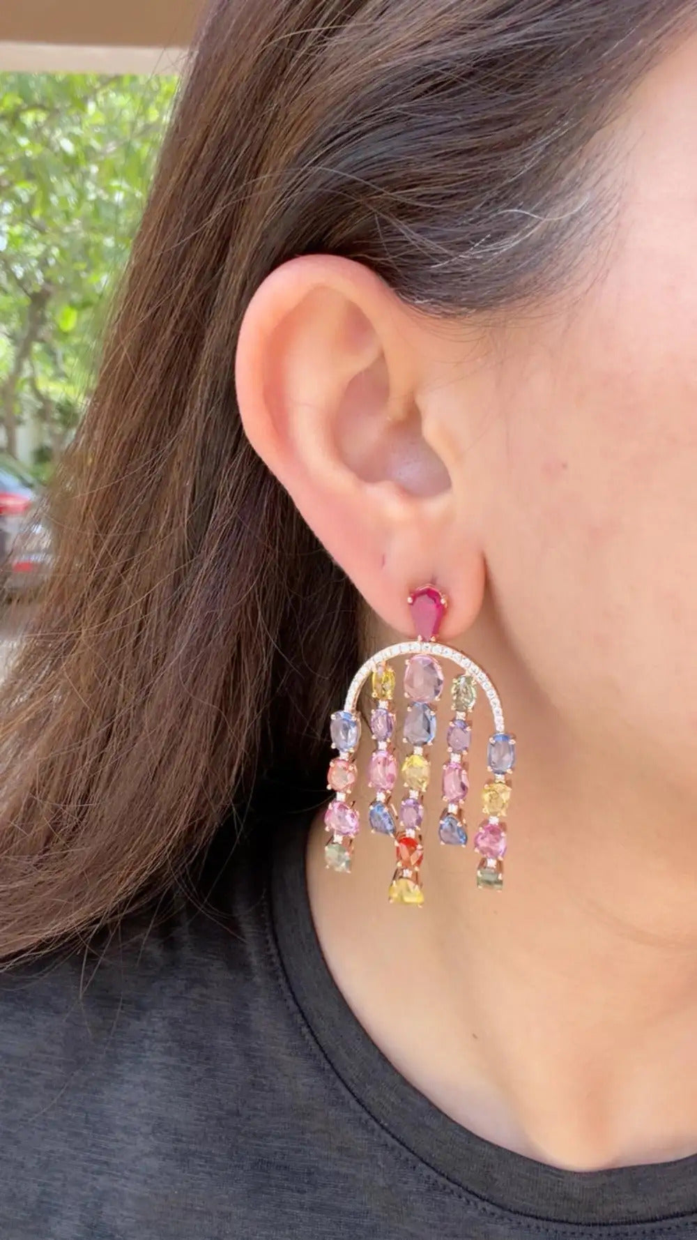 Natural Multi Sapphire & Mozambique Ruby Dangle Earrings - 18k Rose Gold Diamond Earrings