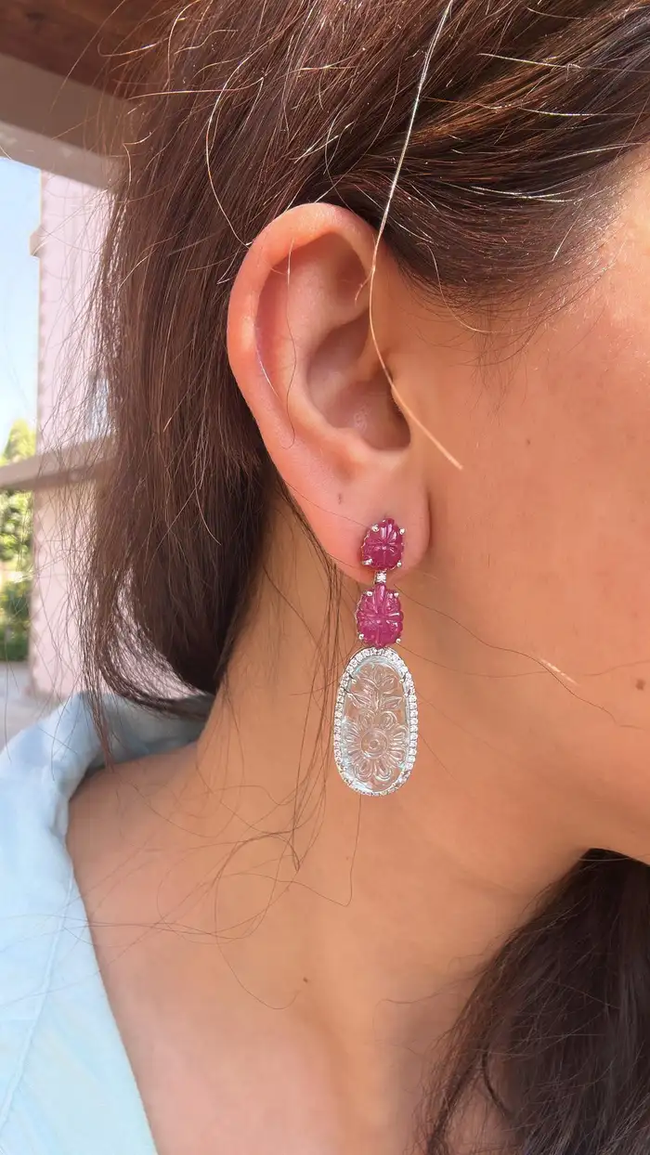 Natural Mozambique Ruby & Aquamarine Gemstone Dangle Earrings - 18k White Gold Diamond Earrings Main Image