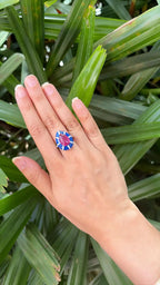 Natural Rubellite & Blue Enamel Ring - 18k White Gold Diamond Handmade Dome Ring