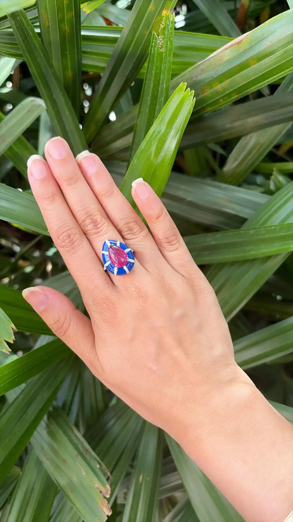 Natural Rubellite & Blue Enamel Ring - 18k White Gold Diamond Handmade Dome Ring