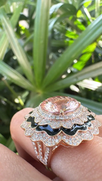 18k Rose Gold Diamond Cocktail Ring - Natural Morganite & Black Enamel Wedding Ring