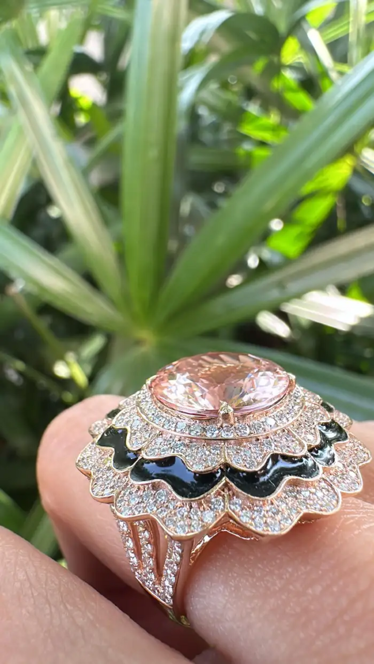 18k Rose Gold Diamond Cocktail Ring - Natural Morganite & Black Enamel Wedding Ring