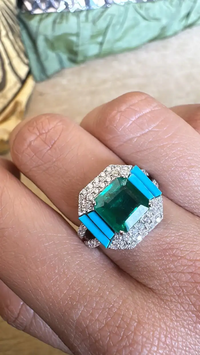18k White Gold, Zambian Emerald, Natural Turquoise & Diamonds Engagement Ring Main Image
