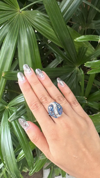 Natural Blue Sapphire Statement Ring - 18k White Gold & Rose Cut Diamond Cocktail Ring