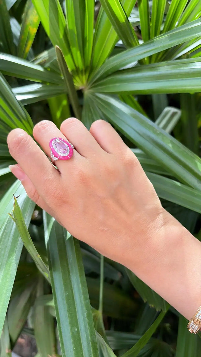 1.94 Ct. Pink Sapphire & Pink Enamel Ring - 18k White Gold Diamond Ring Main Image