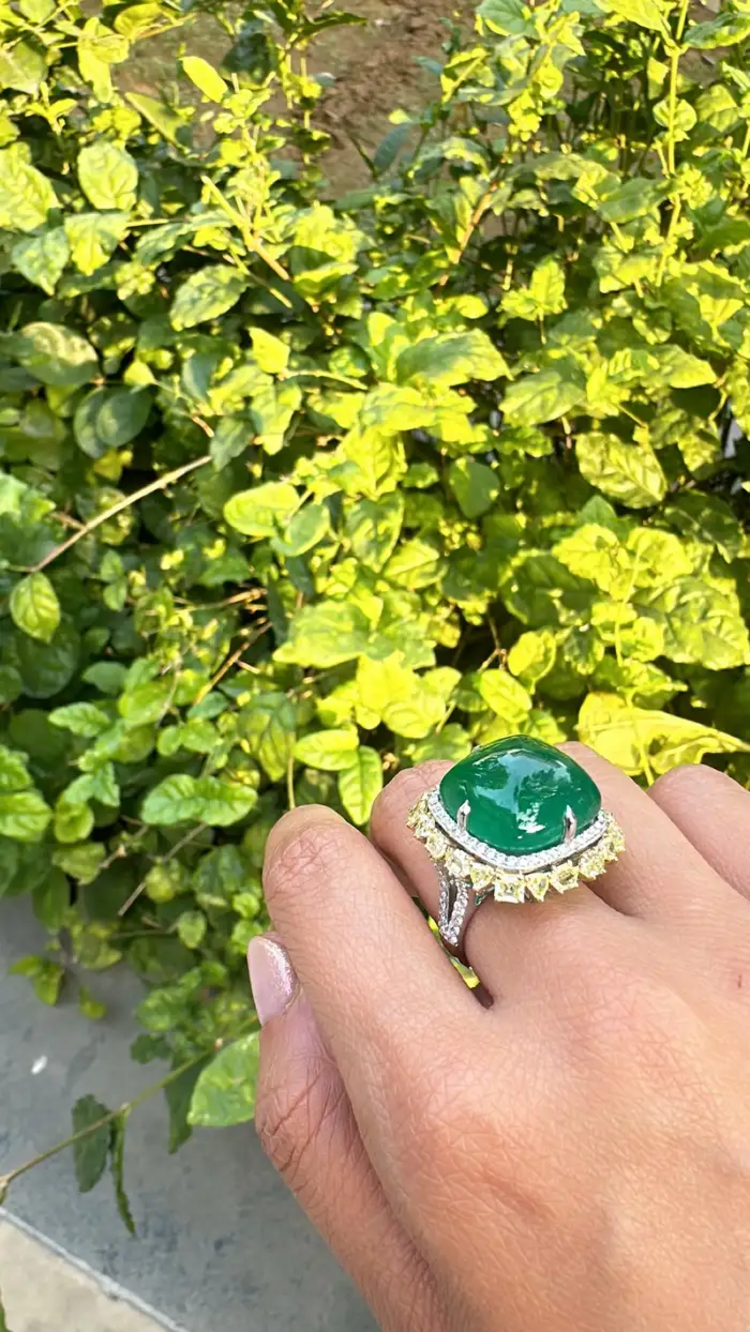 18k White Gold Statement Ring With Yellow Diamond - Natural Zambian Emerald Cocktail Ring