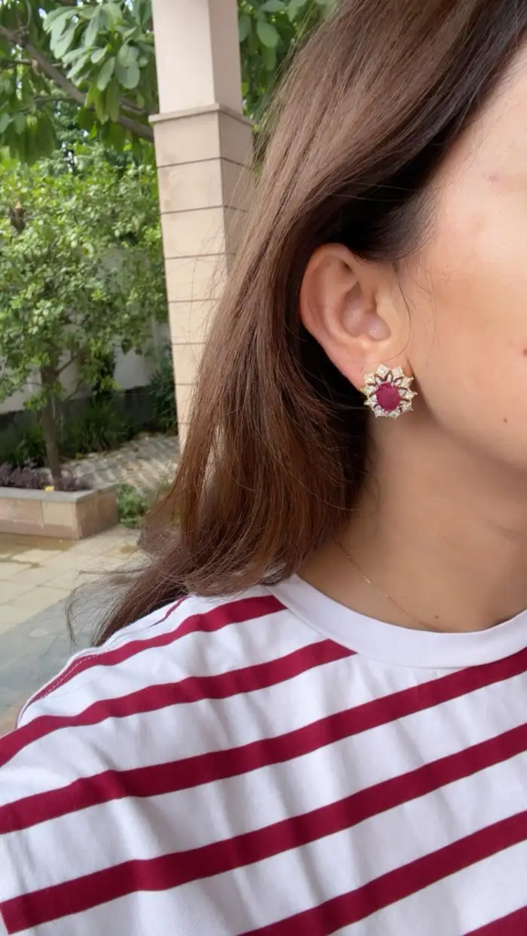 Mozambique Ruby & Yellow Diamond Stud Earrings - 18k Gold Diamond Stud Earrings