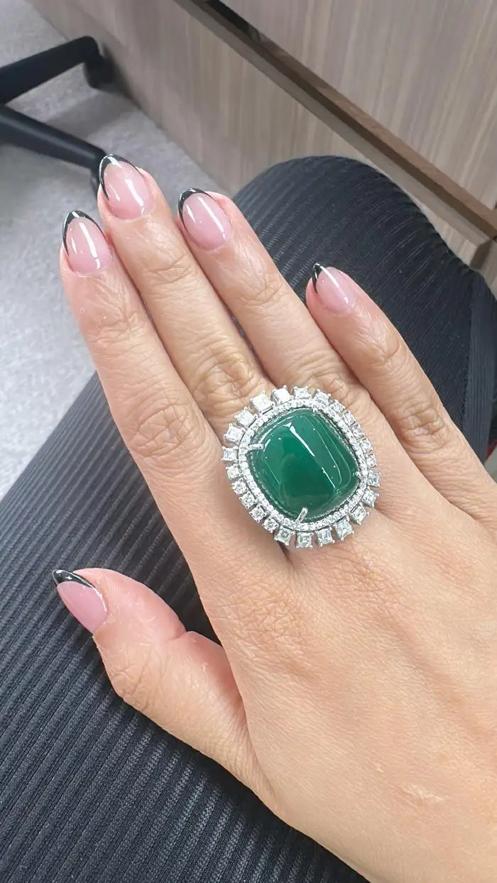 Natural 38.25 Ct. Emerald Cocktail Ring - 18k White Gold Princess Diamond Statement Ring