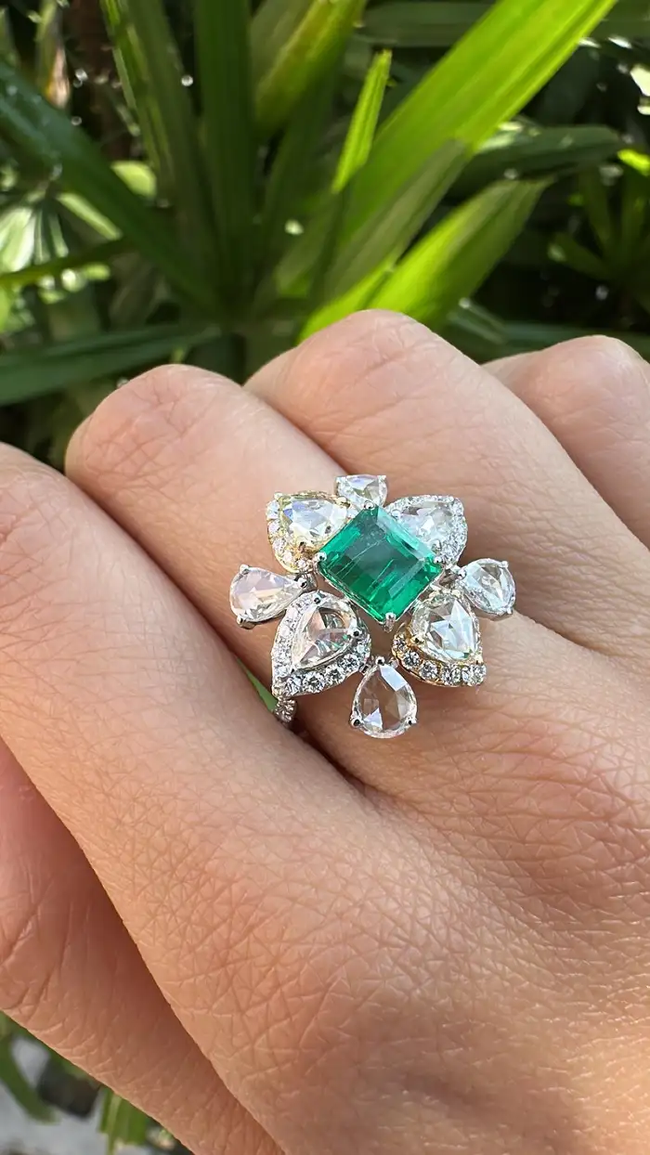 Natural Rose Cut Diamond Cocktail Ring - 18k White Gold Zambian Emerald Wedding Ring Main Image