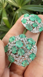 18k White Gold Diamond Stud Earrings - Natural Colombian Emerald Stud Earrings