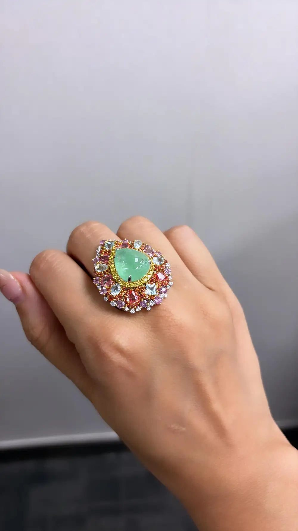 18k White Gold Diamond Handmade Cocktail Ring - Natural Paraiba Tourmaline & Multi Sapphire Gemstone Ring