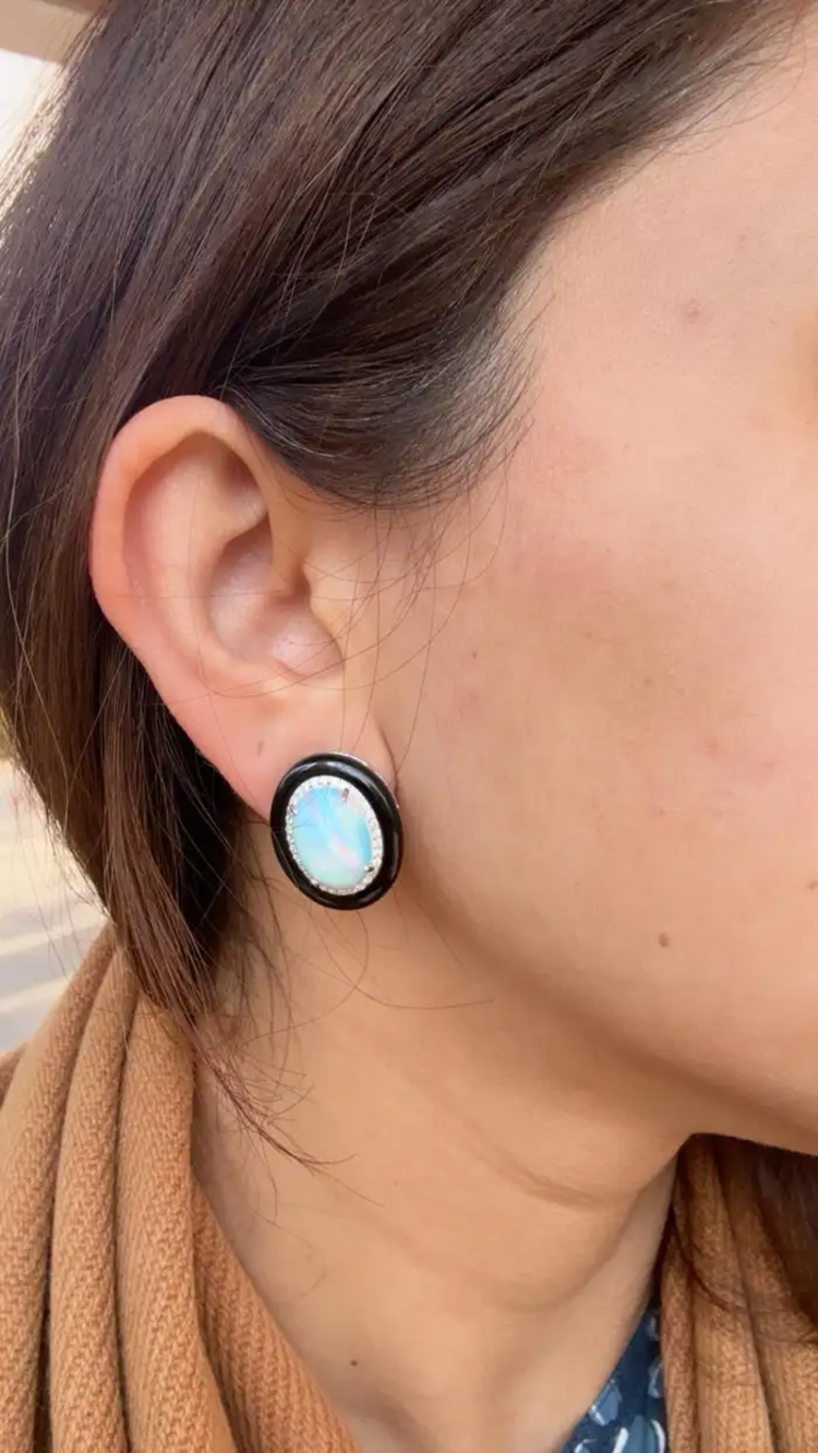 Natural Ethiopian Opal & Black Onyx Stud Earrings - 18k White Gold Diamond Stud Earrings
