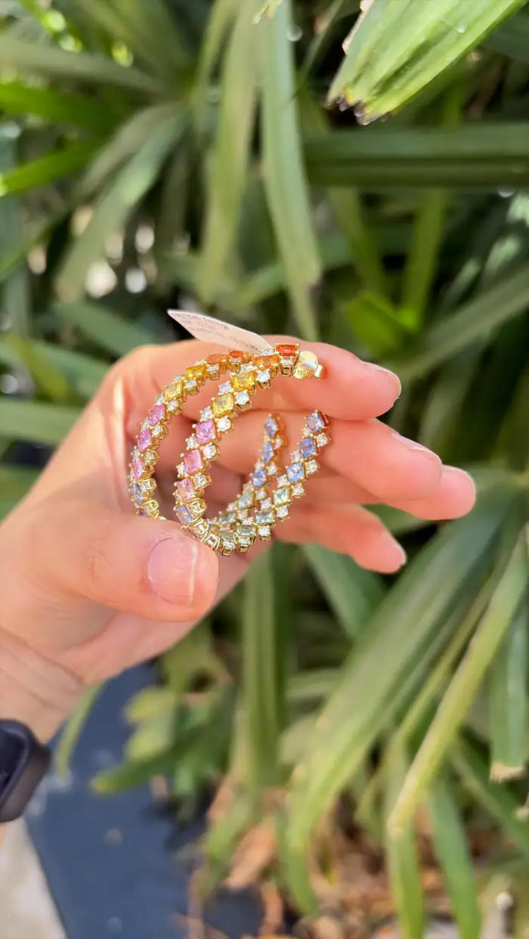 Natural Multi Sapphire & Diamond Hoop Earrings - 18k Yellow Gold Hoop Earrings